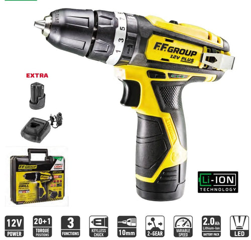 Set trapano avvitatore CHD 12V Plus + inserti, caricabatterie e batteria supplementare – F.F. Group